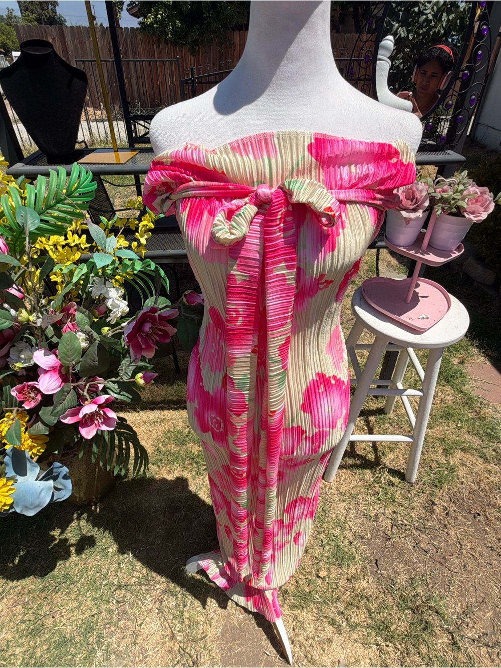 Othr Strapless Cream Maxi Dress with Pink Floral Print - Picture 3 of 4